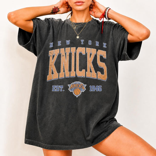 New York Basketball Est 1946 Vintage Garment-Dyed Cotton Tee, Unisex Relaxed Fit Game Day Shirt Gift for Men Women, Retro Aesthetic Summer