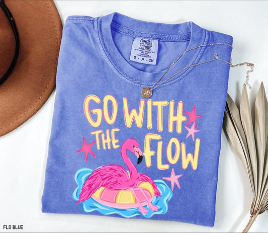 Go With The Flow Flamingo Shirt, Comfort Colors Shirt for Women, Funny Summer Lake Life T-Shirt, Beach Vacation Floating Tee, Aesthetic Gift Outfit
