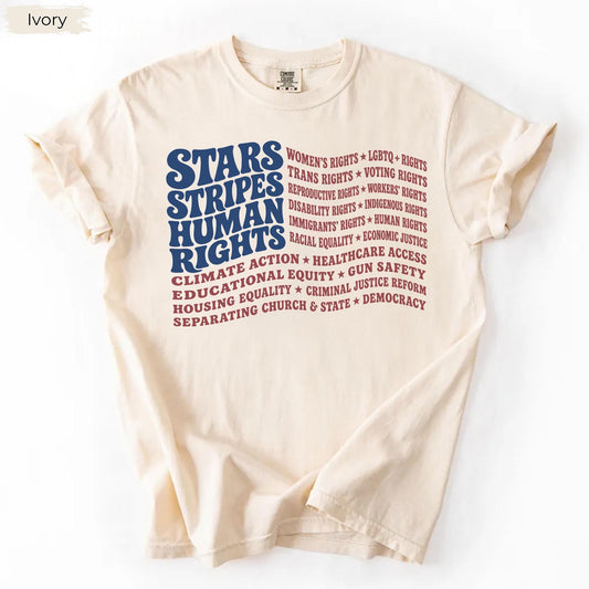 Stars and Stripes and Human Rights USA Flag Shirt, Subtle Anti Trump Political Merch, Pro Immigration Anti ICE Unisex Cotton Tee Gift for Women Men