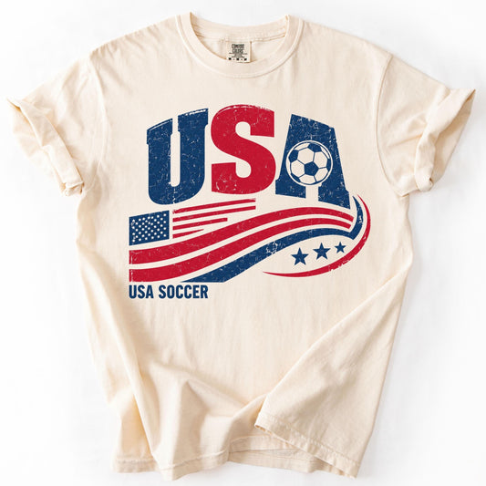 USA Soccer Shirt Vintage American Flag Soccer Tee, Red White Blue Game Day Top, Patriotic Sports Fan Gift, Soft Cotton Unisex Fit for Men Women Summer