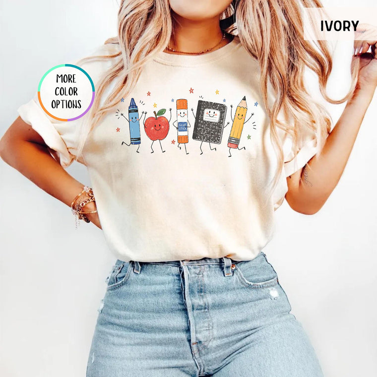 Funny Teacher Life Shirt Back To School Gift, Preschool Teacher School Supplies Tee with Crayon Apple Pencil Notebook, Unisex Short Sleeve