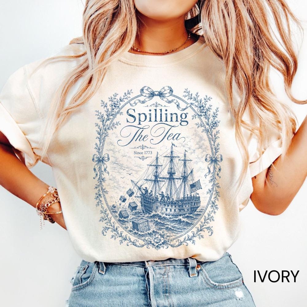 Vintage Blue Toile Spilling the Tea Since 1773 Shirt, 4th of July Party Top, 250th Anniversary USA Patriotic Tee, summer outfit gift for women men