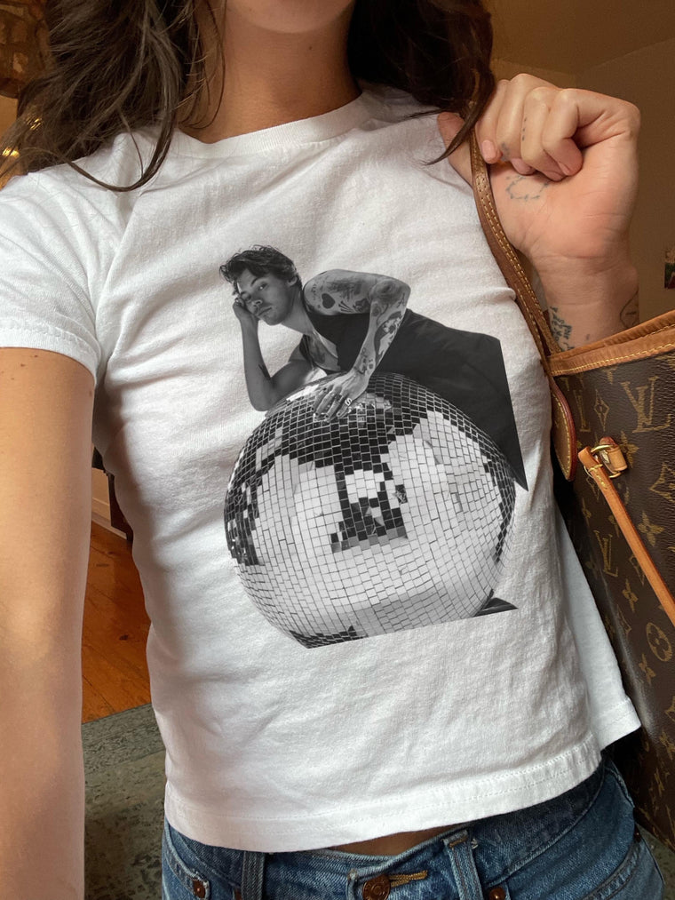 Disco Ball Baby Tee Y2K Crop Top for Women, Vintage Music Aesthetic Shirt, Concert Tour Outfit, Summer Festival Gift, Fitted Short Sleeve