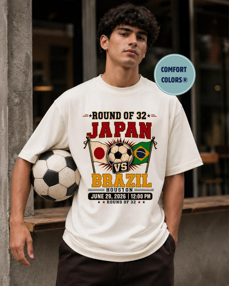 Japan vs Brazil Soccer Shirt, Round of 32 2026 Fan Tee, Unisex Cotton Game Day Top, Summer Outfit Gift for Men Women