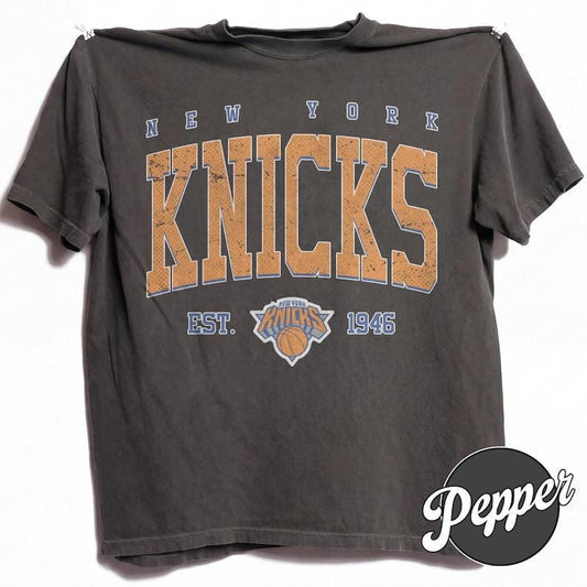 New York Basketball Est 1946 Vintage Garment Dyed Cotton Tee, Unisex Relaxed Fit Game Day Outfit Shirt, Aesthetic Gift for Men and Women