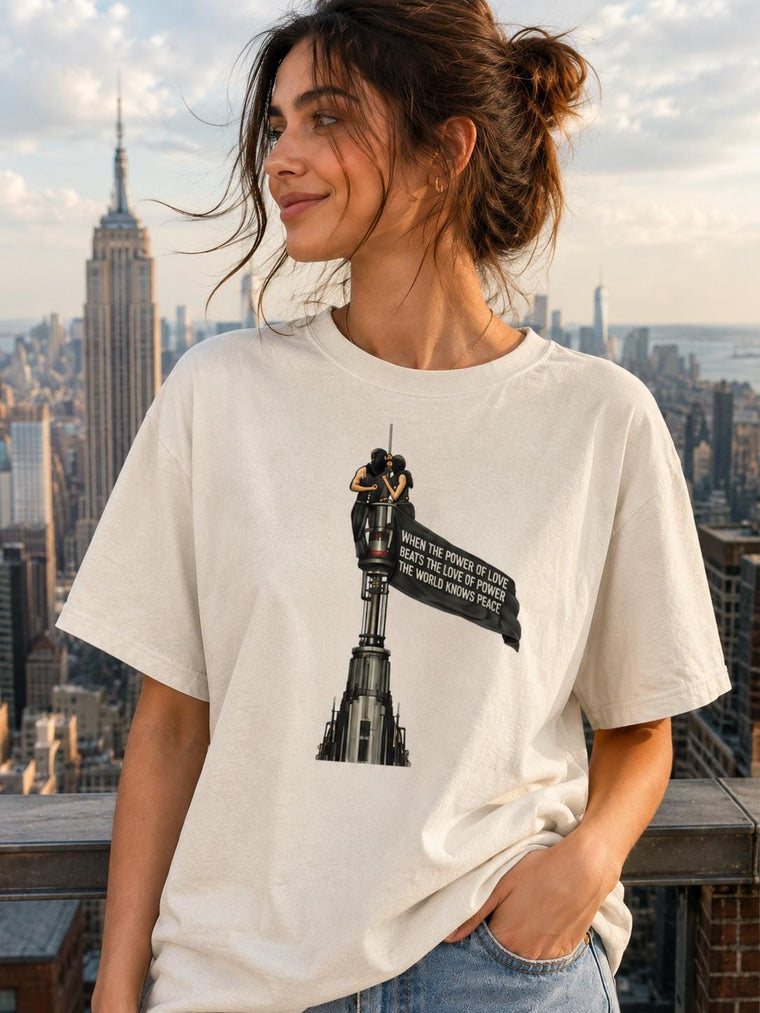 Power of Love NYC Tee, Empire State Skyline Protest Shirt, garment-dyed cotton, relaxed fit, unisex summer streetwear, vintage aesthetic gift