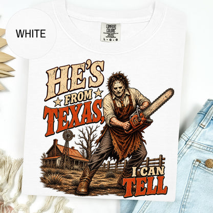 He's From Texas Can Tell Shirt, Chainsaw Horror Tee, Unisex Relaxed Fit Halloween Slasher Texas Horror T-Shirt, Spooky Season Gift, viral