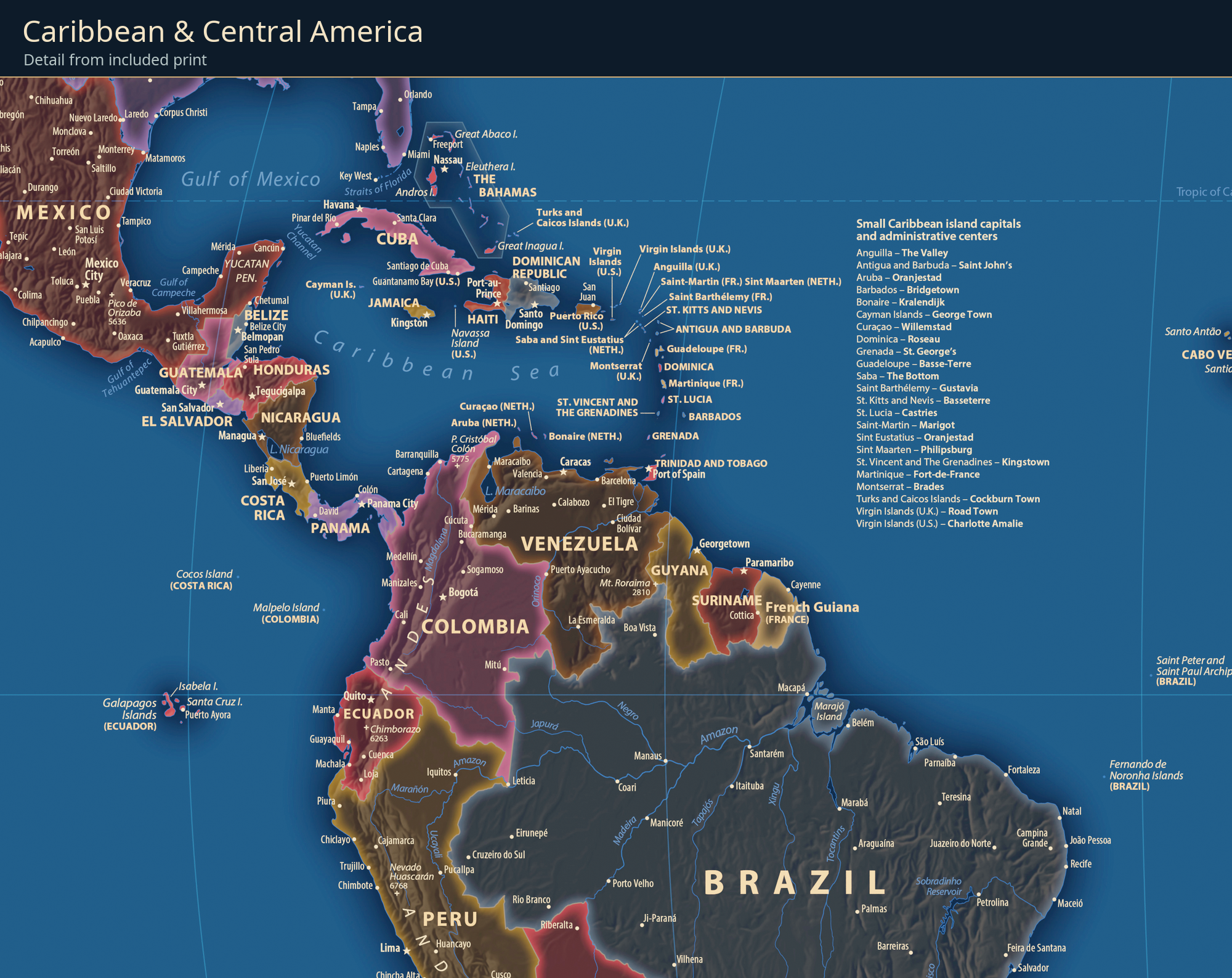 Equal Earth New World Map — Midnight Gold. Caribbean and Central America detail cropped from the actual included high-resolution print, showing original islands and place labels.