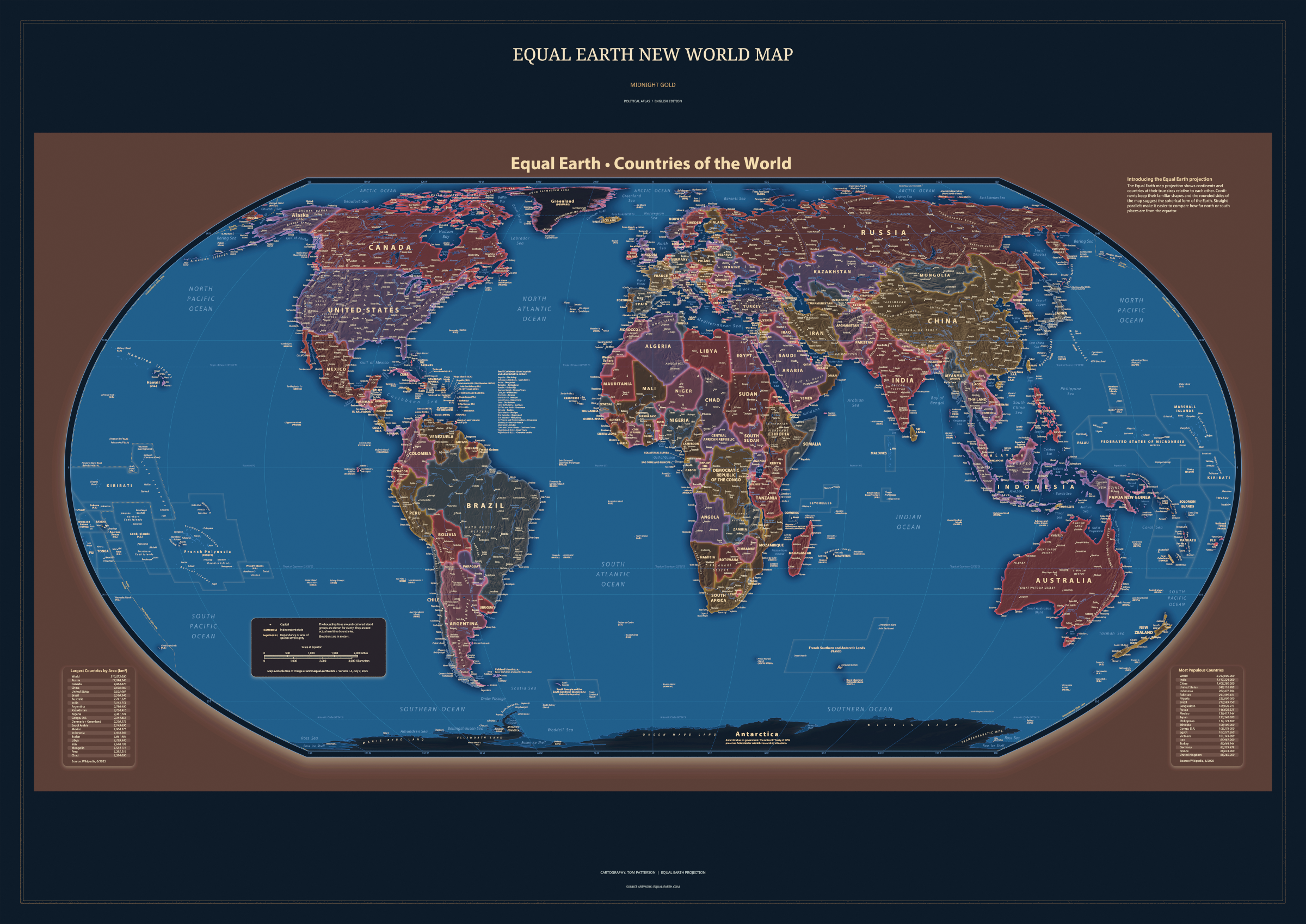 Equal Earth New World Map — Midnight Gold. Complete political artwork from the A0 print. Digital PDF and PNG only.