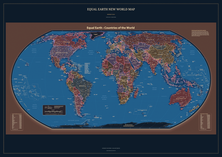 Equal Earth New World Map — Midnight Gold | A0 Printable PDF + PNG