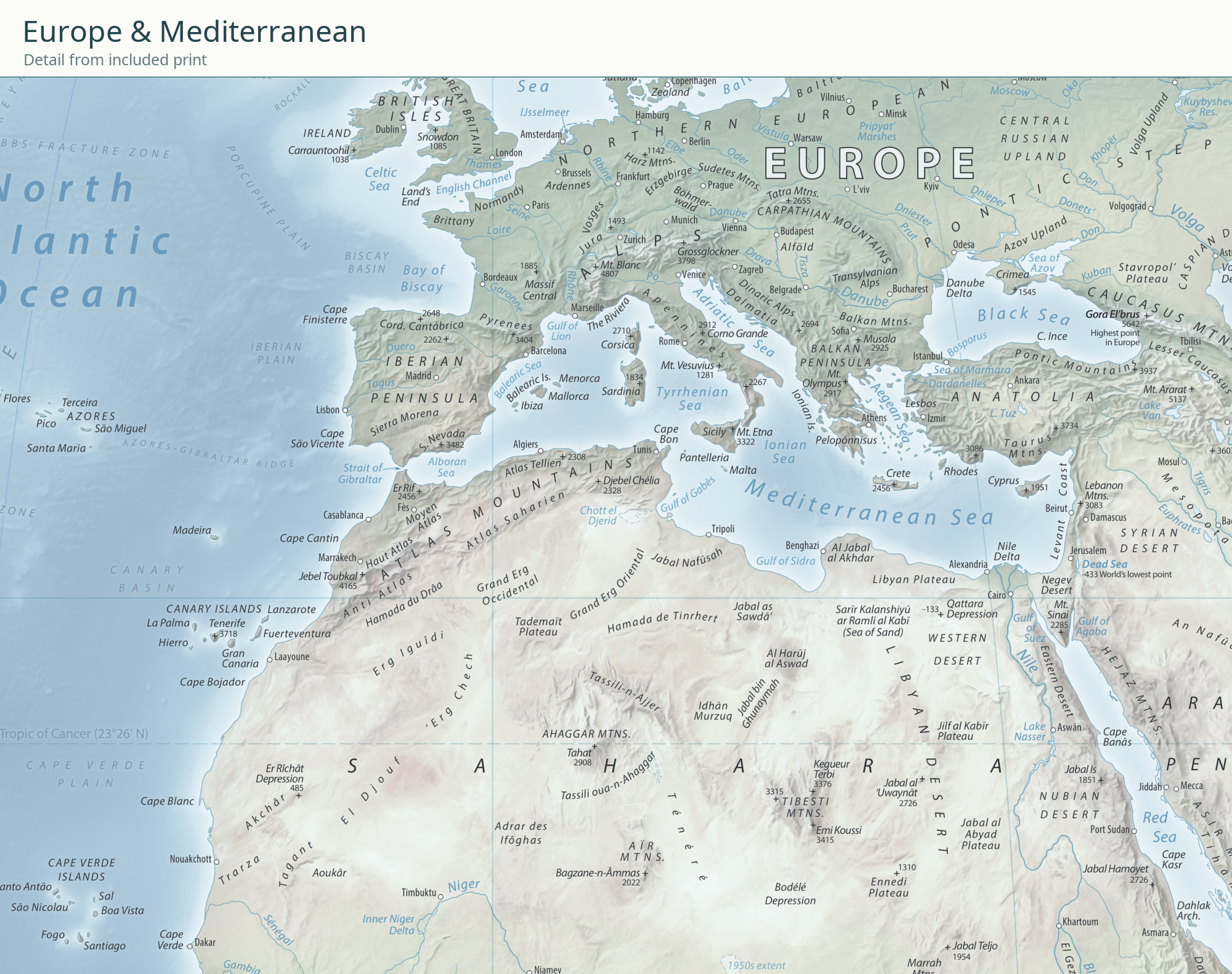 Equal Earth New World Map — Nordic Air. Europe and Mediterranean detail cropped from the actual included high-resolution print, showing original map features and place labels.