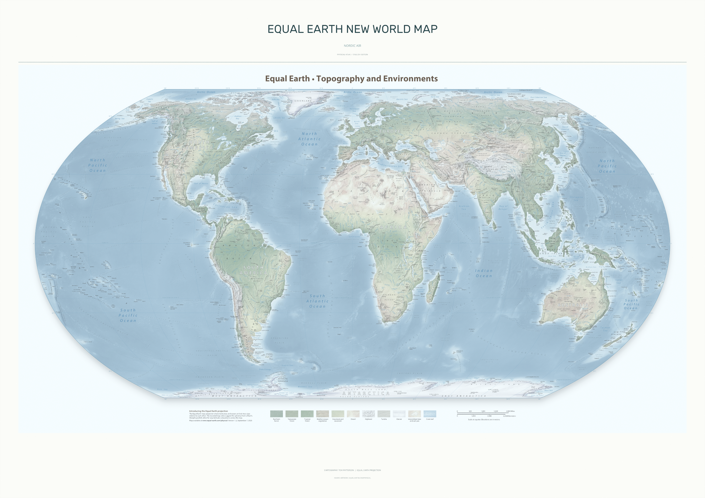 Equal Earth New World Map — Nordic Air. Complete physical artwork from the A0 print. Digital PDF and PNG only.