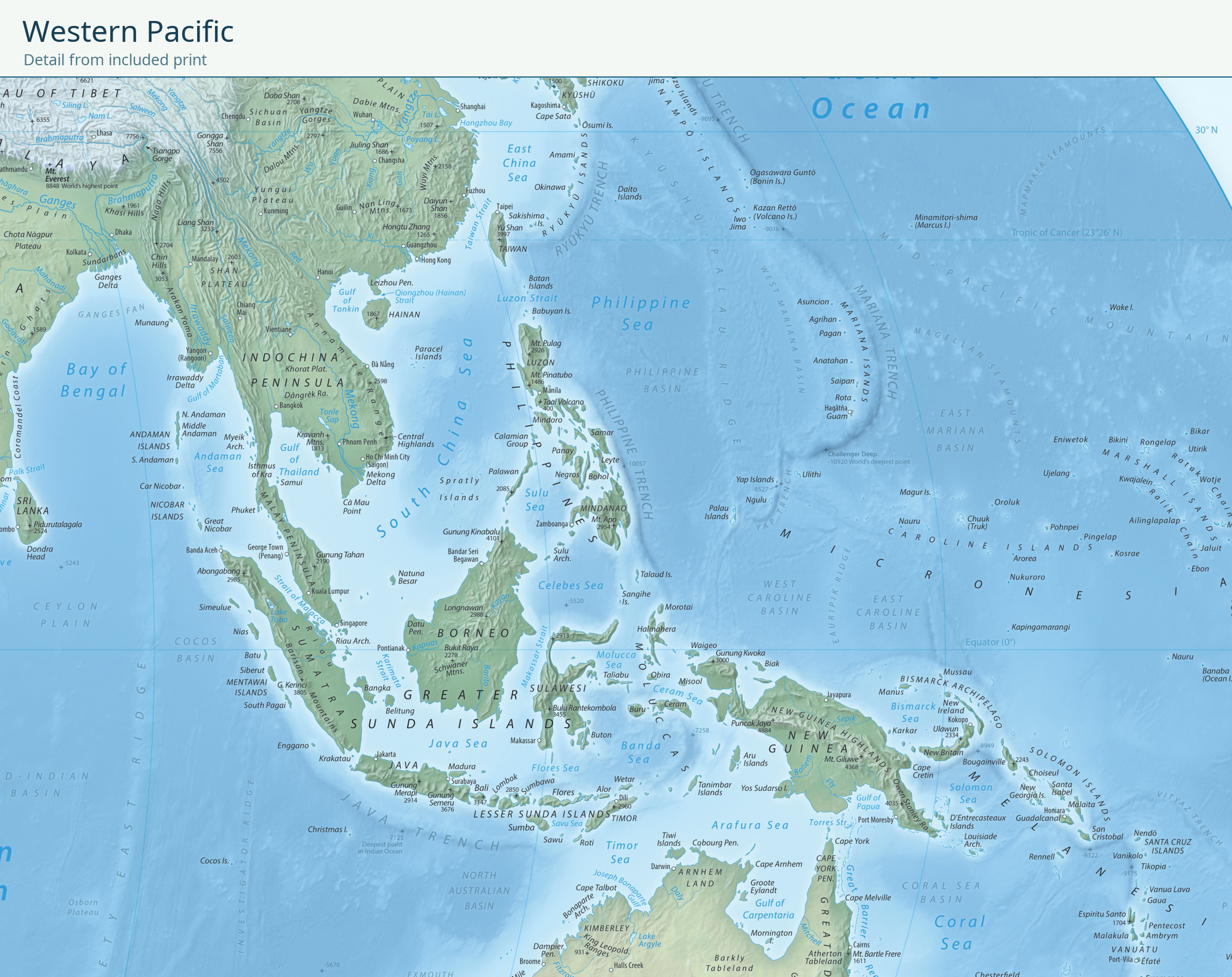 Equal Earth New World Map — Ocean Ink. Western Pacific detail cropped from the actual included high-resolution print, showing original map features and place labels.