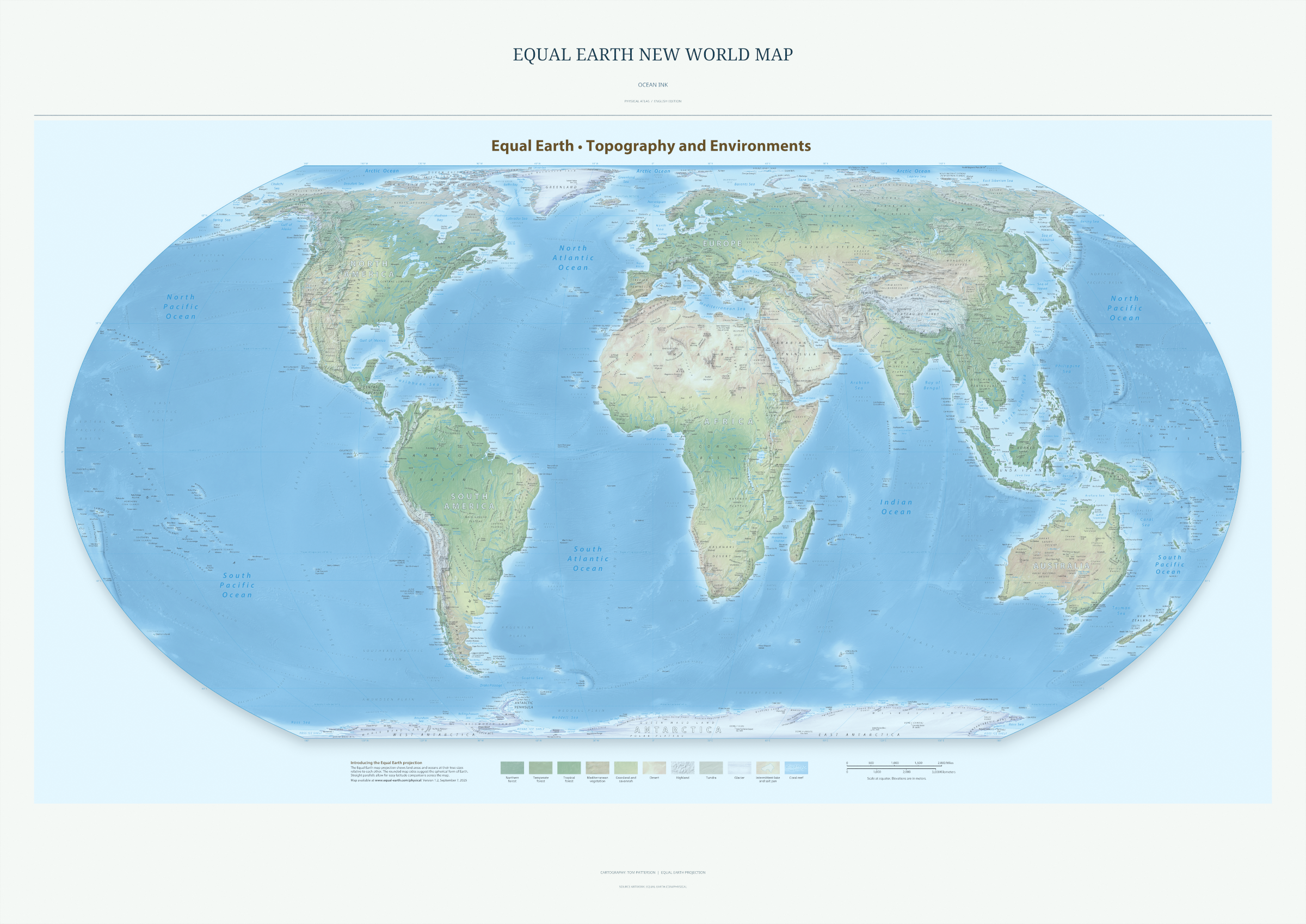 Equal Earth New World Map — Ocean Ink. Complete physical artwork from the A0 print. Digital PDF and PNG only.