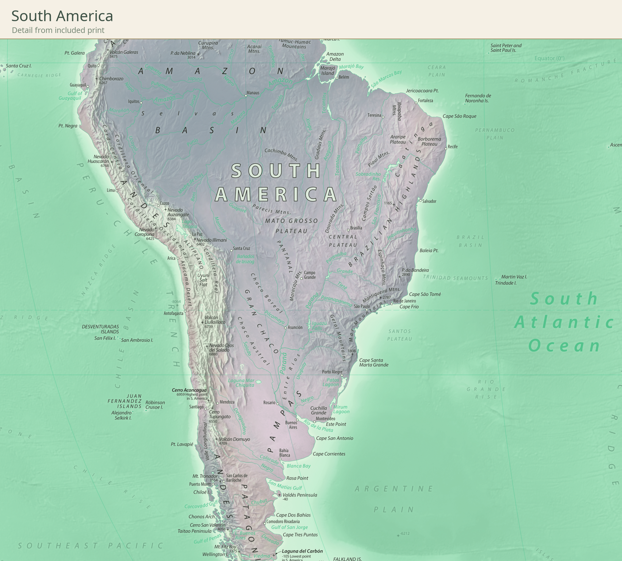 Equal Earth New World Map — Sage & Sand. South America detail cropped from the actual included high-resolution print, showing original map features and place labels.