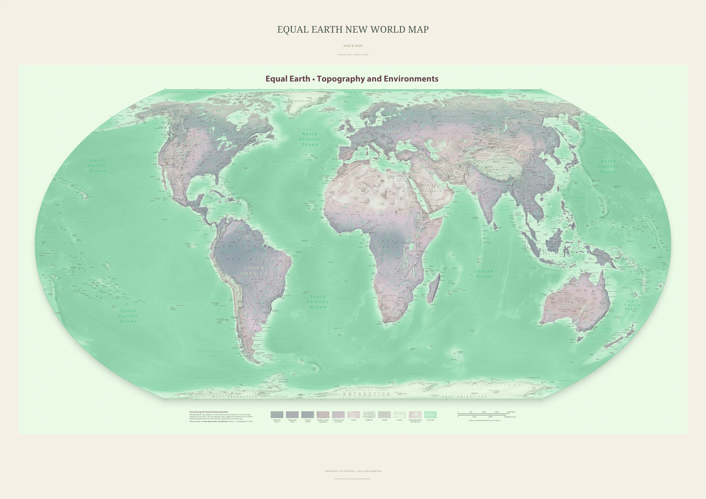 Equal Earth New World Map — Sage & Sand. Complete physical artwork from the A0 print. Digital PDF and PNG only.