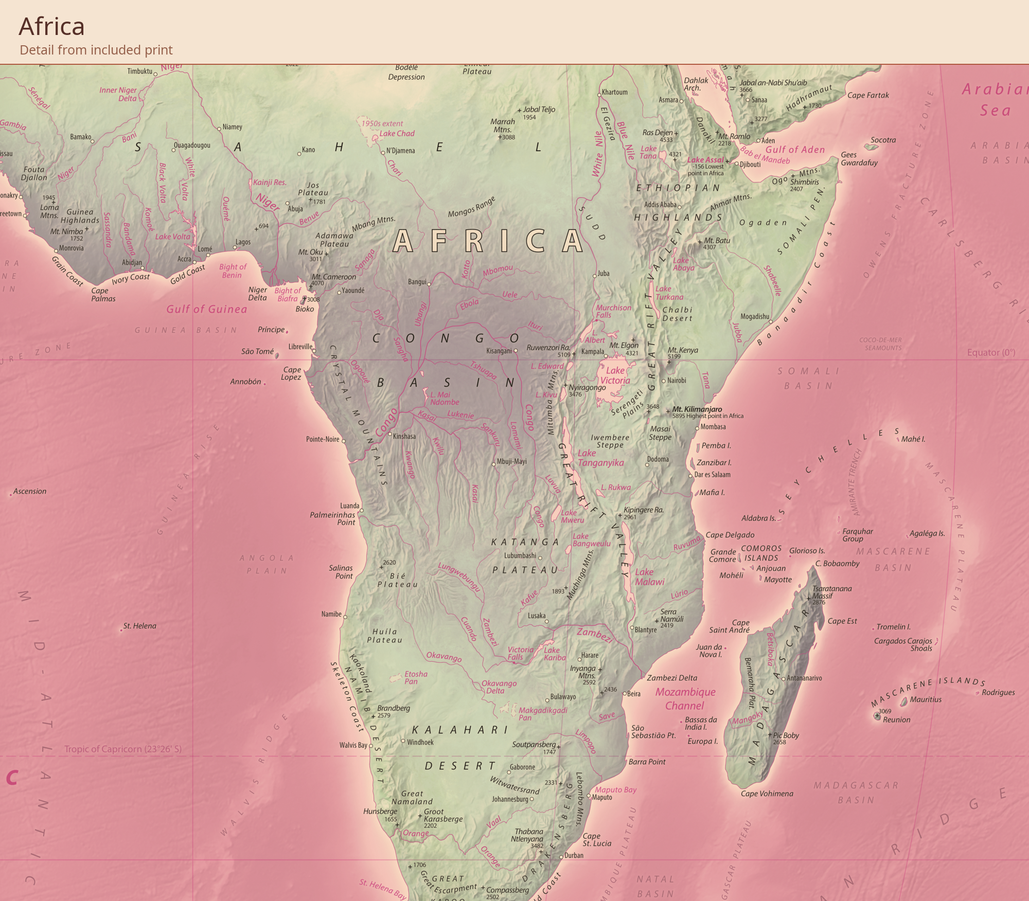 Equal Earth New World Map — Terra Clay. Africa detail cropped from the actual included high-resolution print, showing original map features and place labels.