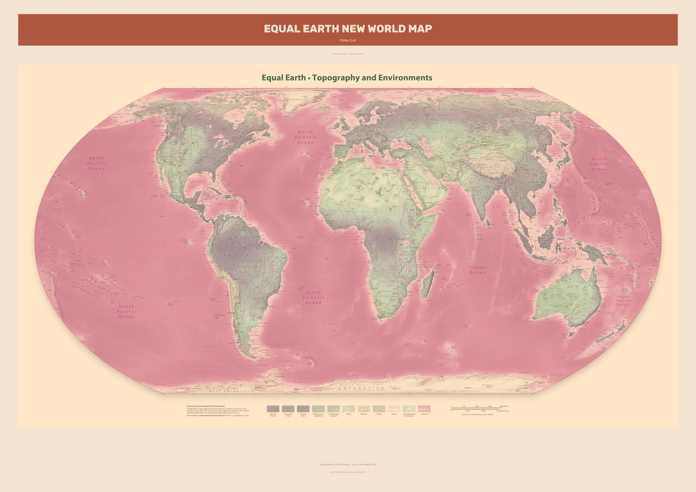 Equal Earth New World Map — Terra Clay. Complete physical artwork from the A0 print. Digital PDF and PNG only.
