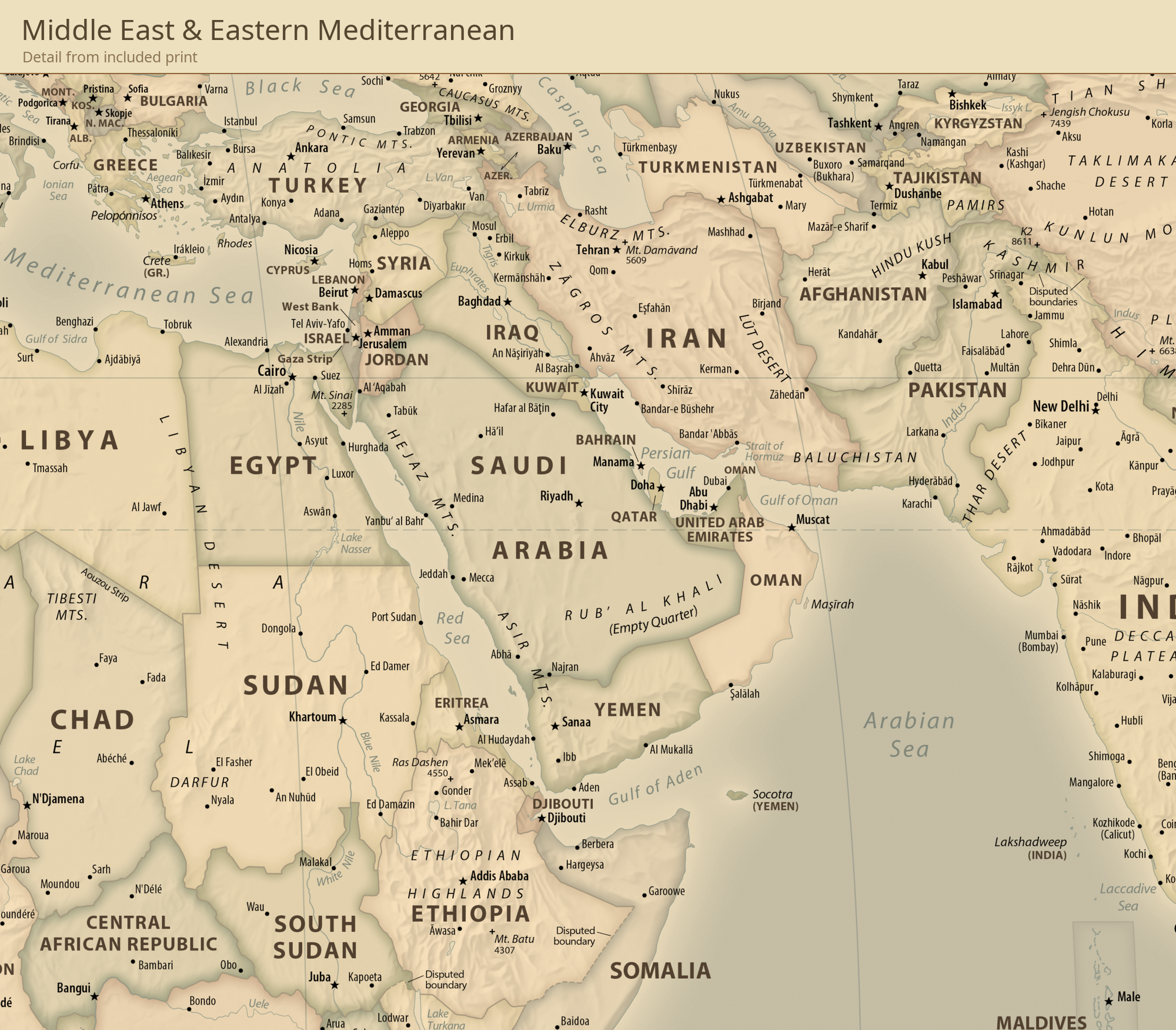 Equal Earth New World Map — Vintage Parchment. Middle East and Eastern Mediterranean detail cropped from the actual included high-resolution print, showing original map features and place labels.