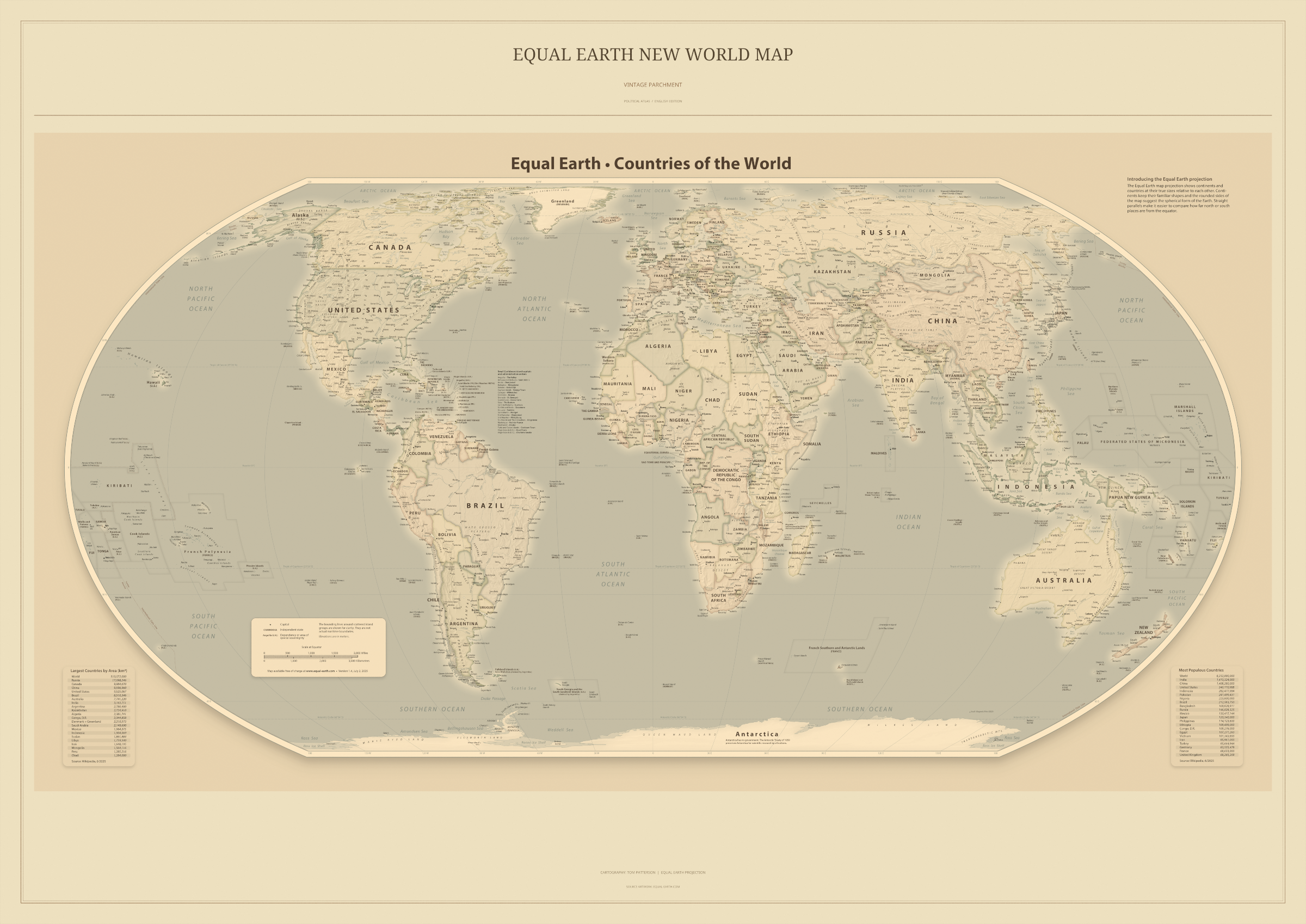 Equal Earth New World Map — Vintage Parchment. Complete political artwork from the A0 print. Digital PDF and PNG only.