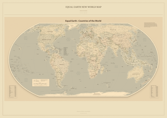 Equal Earth New World Map — Vintage Parchment. Complete political artwork from the A0 print. Digital PDF and PNG only.