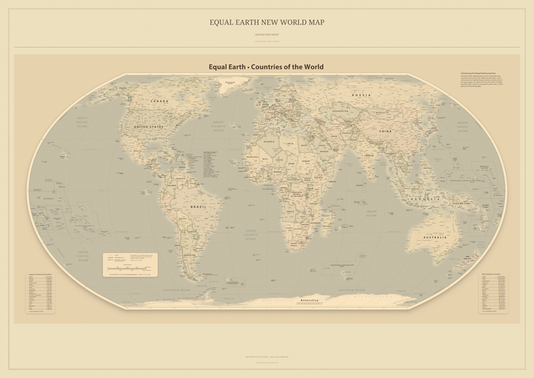 Equal Earth New World Map — Vintage Parchment | A0 Printable PDF + PNG